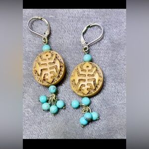 Vintage Hand Carved Floral Honey Brown Jade Stone Chinese Symbolism Earrings